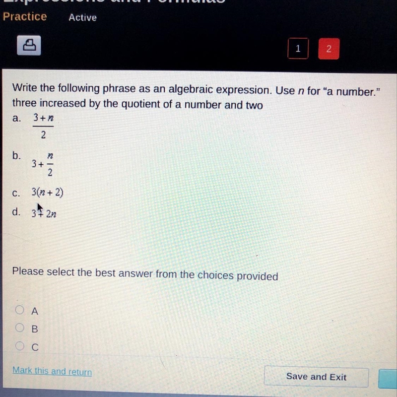 Write the following phrase as an algebraic expression. Use n for “a number."three-example-1