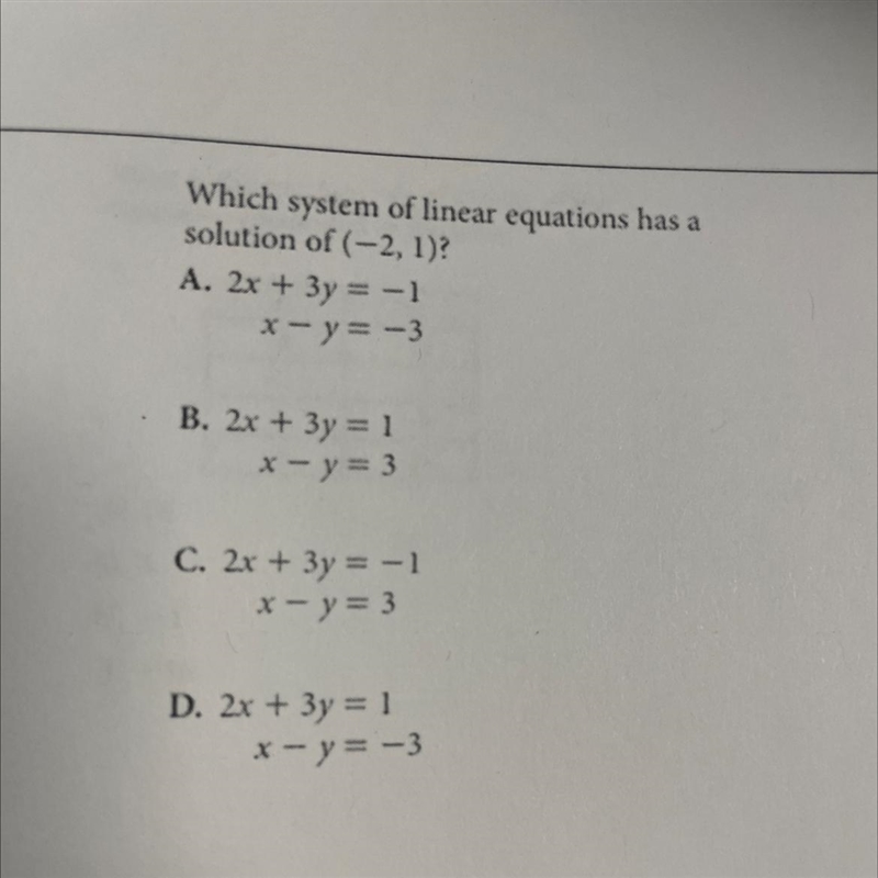 Which system of linear equations has a solution of (-2,1)?-example-1