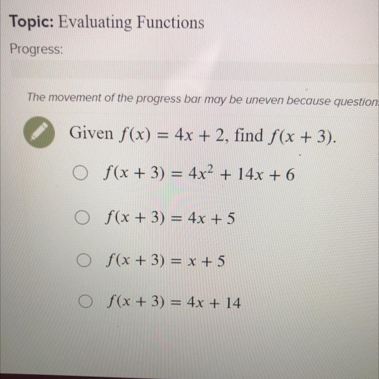 Given f(x)=4x+2, Find f (x+3)-example-1