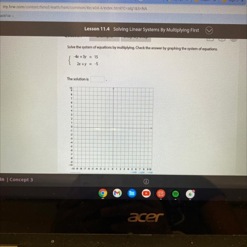 Solve the system of equations by multiplying. Check the answer by graphing the system-example-1