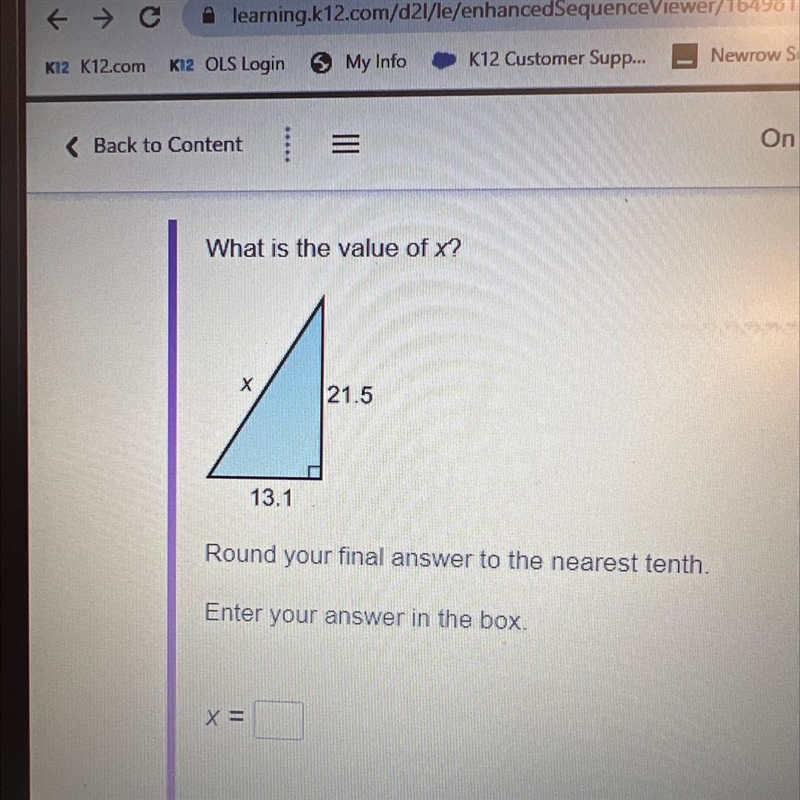 What is the value of x? x 21.5 13.1 Round your final answer to the nearest tenth. Use-example-1