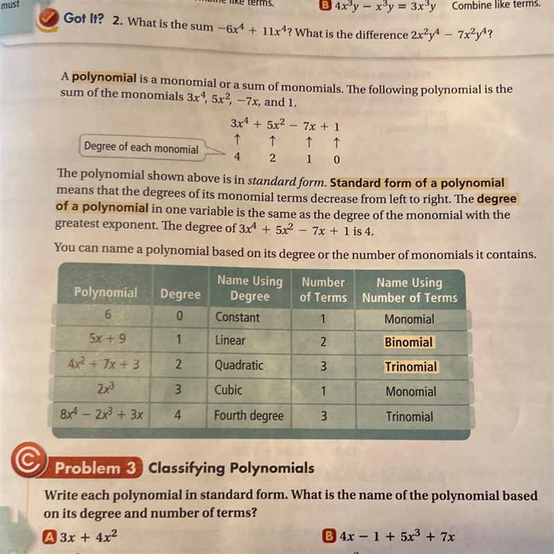 I need help and someone to explain what the name of polynomial based on its degree-example-1