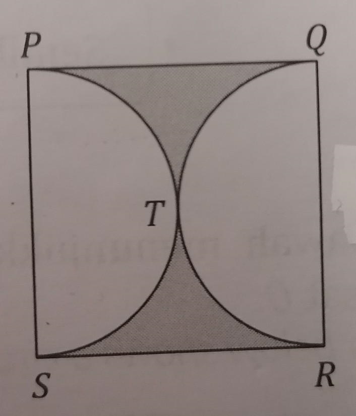 In the following diagram, PQRS is a square of sides 21 cm. PTS and QTR are two semicircles-example-1