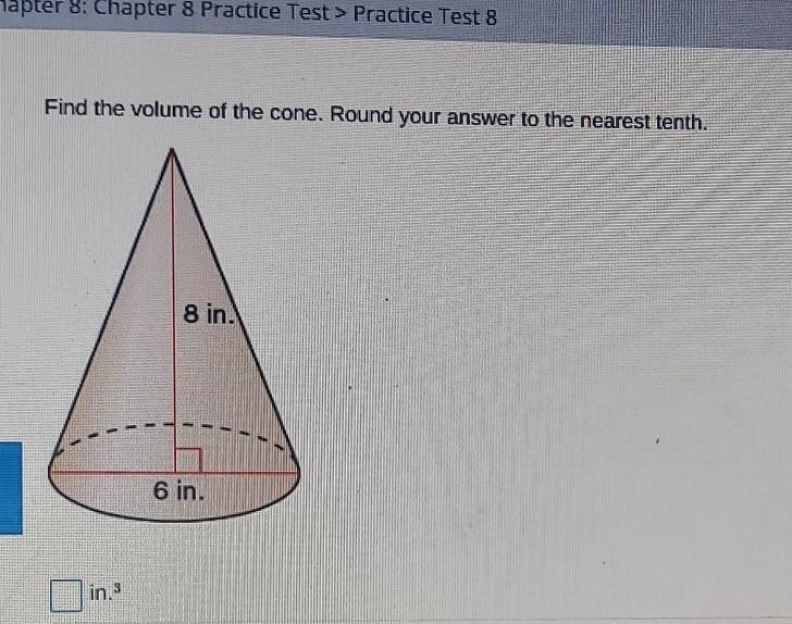 Find the volume of the cone. Round your answer to the nearest tenth. ​-example-1