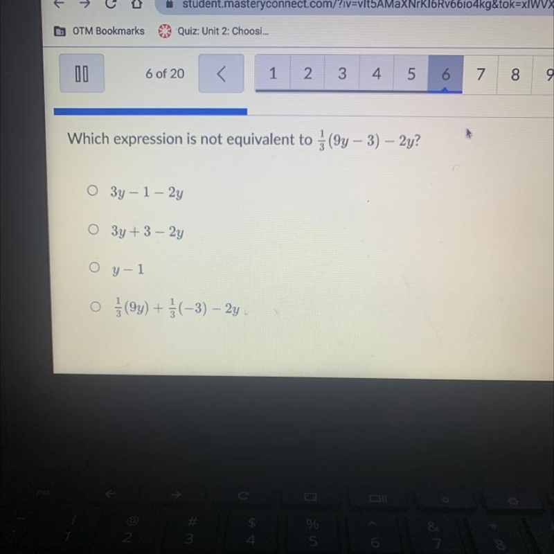 Which expression is not equivalent to 1/3(9y-3)-2y?-example-1