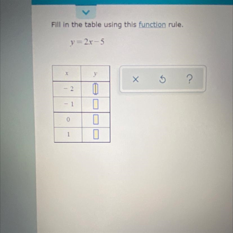 Fill in the table using function ruleY= 2 x - 5 See attached picture-example-1