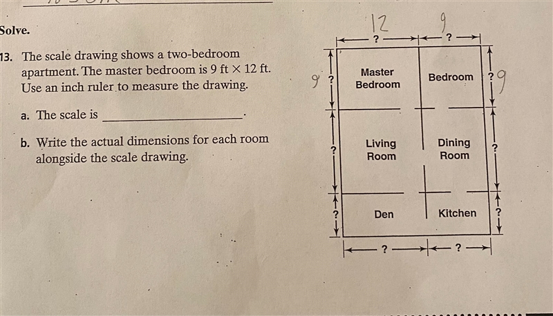 solve. The scale of the drawing shows a two-bedroom apartment. The master bedroom-example-1