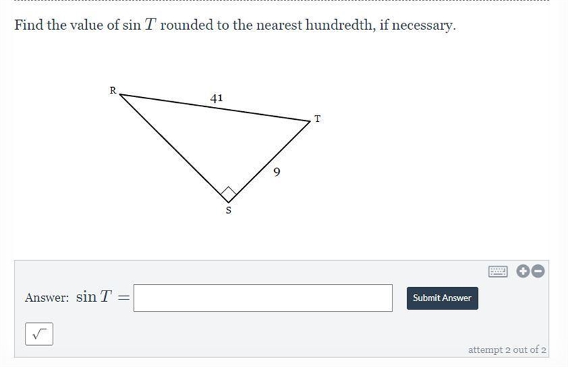 Find the value of sin T rounded to the nearest hundredth, if necessary.-example-1