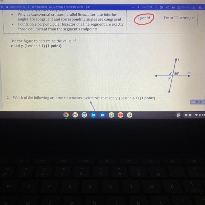 1. Use the figure to determine the value of x and y.-example-1