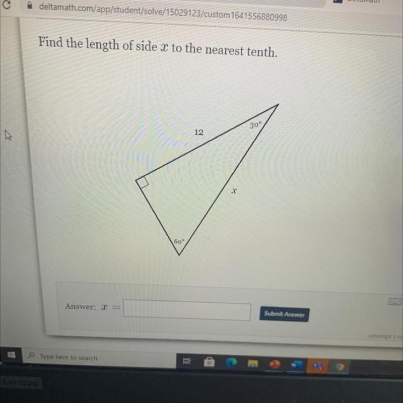 Find the length of side x to the nearest tenth. 30° 12 x х 60°-example-1