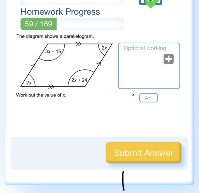 The diagram shows a parallelogram. Work out the value of x-example-1