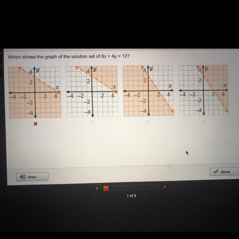 Which shows the graph of the solution set of 6x + 4y < 12?-example-1