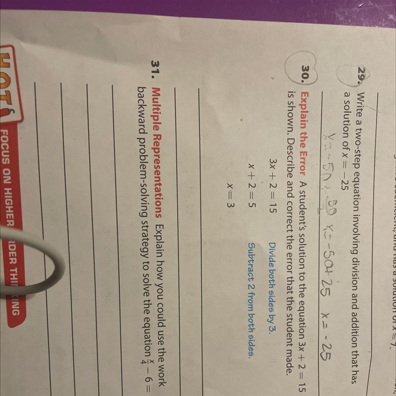 Explain the Error A student's solution to the equation 3x + 2 = 15 is shown. Describe-example-1