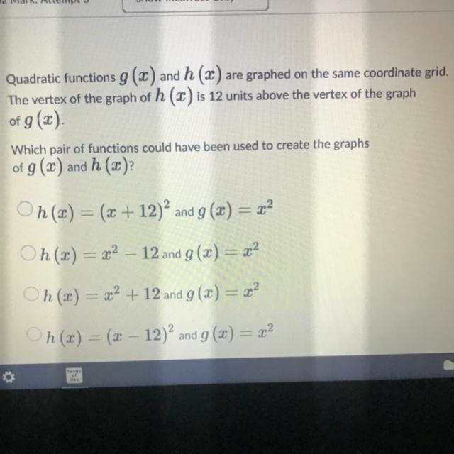 Quadratic functions g (x) and h (2) are graphed on the same coordinate gri The vertex-example-1