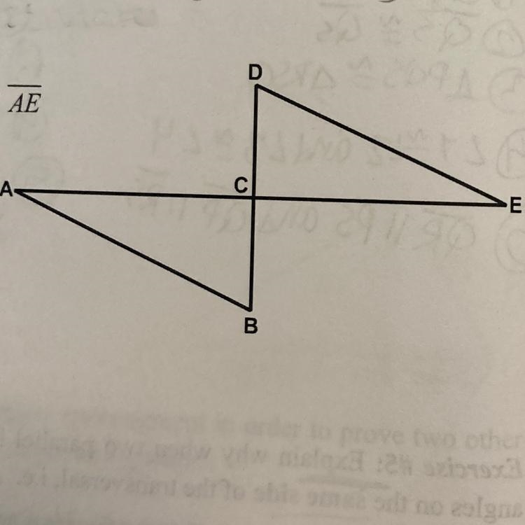 DB is perpendicular to AE at C, AB is congruent to DE, and C is the midpoint of AE-example-1