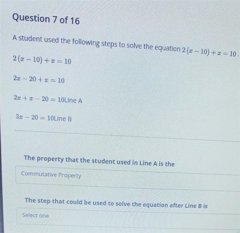 What property does Line A use? A. distributive property B. commutative property C-example-1