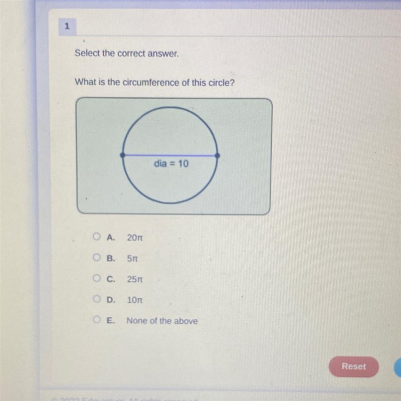 Please help !! Select the correct answer. What is the circumference of this circle-example-1