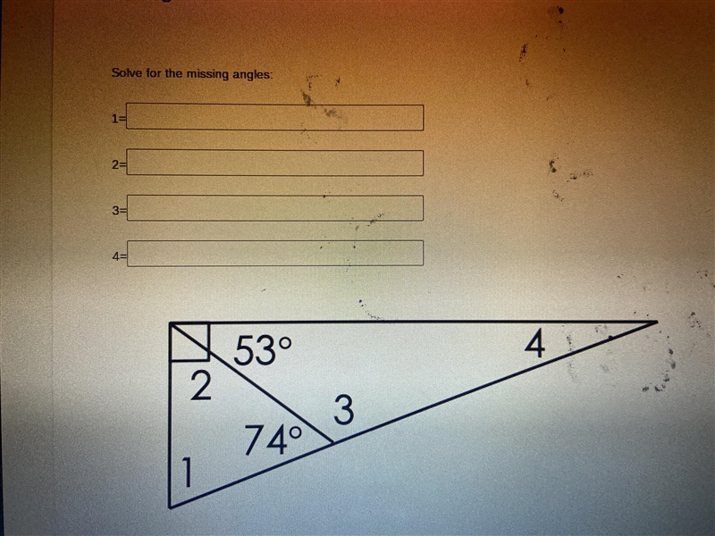 Please answer Solve for the missing angles 1= 2= 3= 4=-example-1