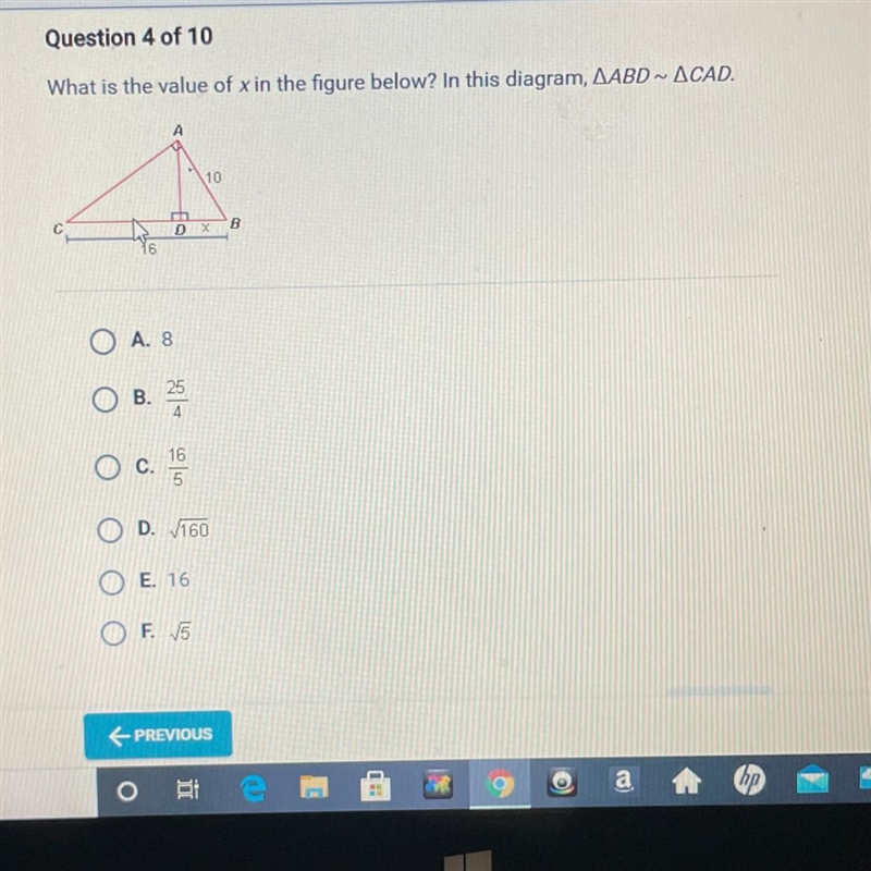 What is the value of x in the figure below? In this diagram, ABD similar to CAD.-example-1