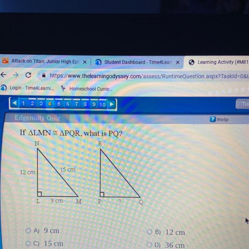 A) 9cm B) 12cm C) 15cm D) 36cm-example-1