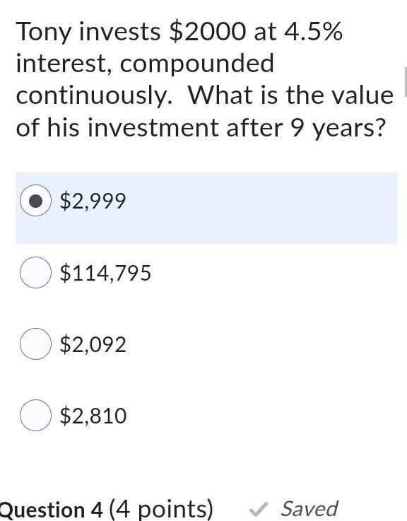 Tony invest 2000 at a 4.5 percent rate.​-example-1