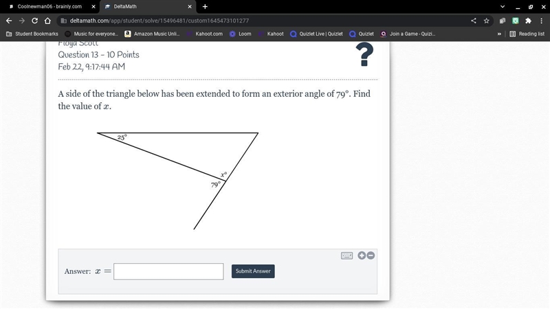 A side of the triangle below has been extended to form an exterior angle of 79°. Find-example-1