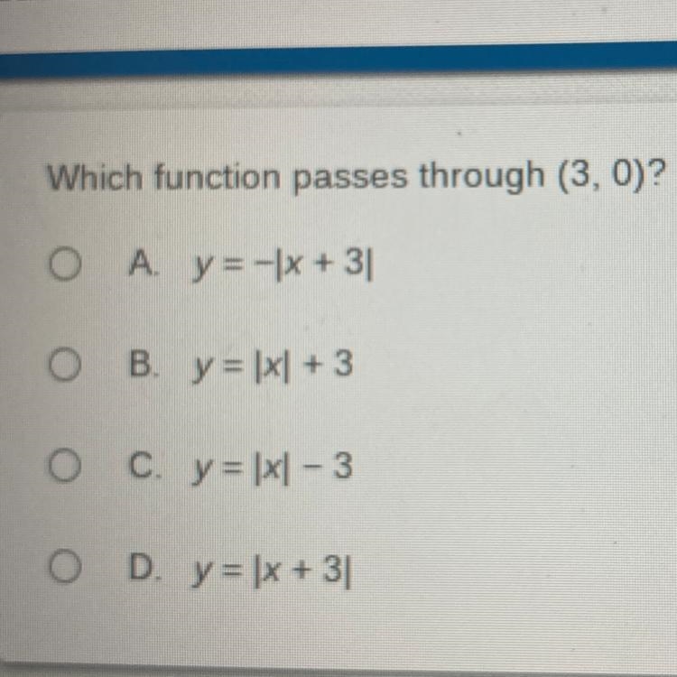 Which function passes through (3,0)?-example-1