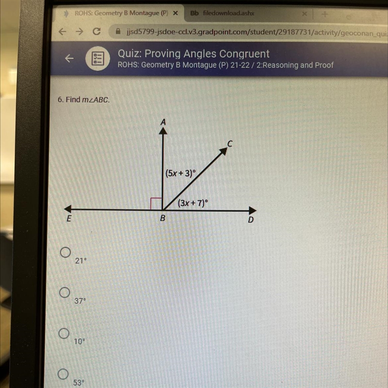 6. Find m2ABC. (5x + 3) (3x + 7) E B 21 37 10 53-example-1