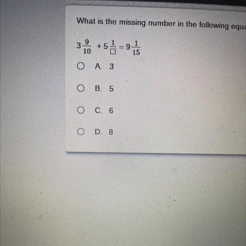 What is the missing number in the following equation? 3 9/10 + 5 1/ = 9 1/15-example-1