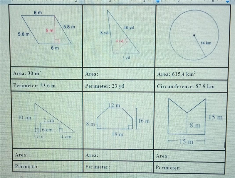 Please help :(( Find the area and perimeter / circumference of each shape. If needed-example-1