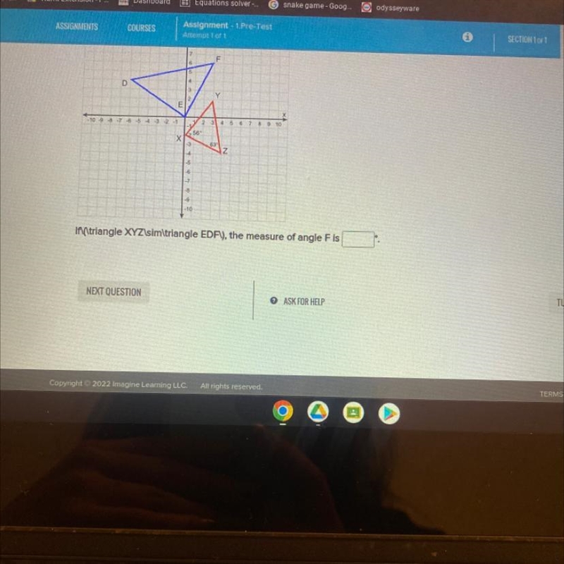 Pleaseee help me out If\(\triangle XYZ\sim\triangle EDFV), the measure of angle F-example-1