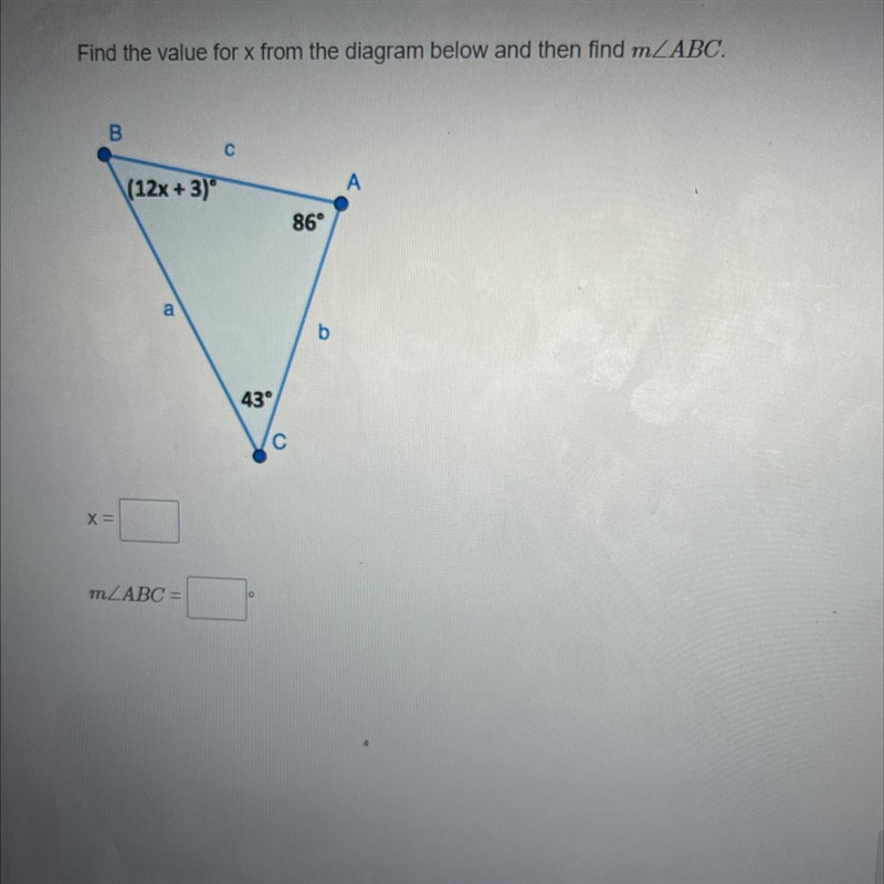 Find the value x from the diagram below and then find M ∠ ABC-example-1