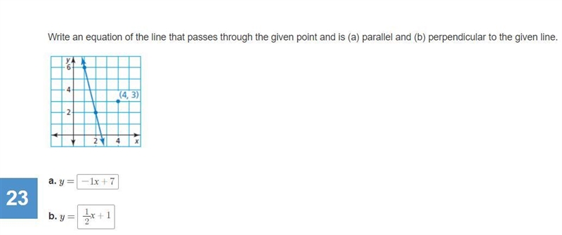 Write an equation of the line that passes through the given point and is (a) parallel-example-1