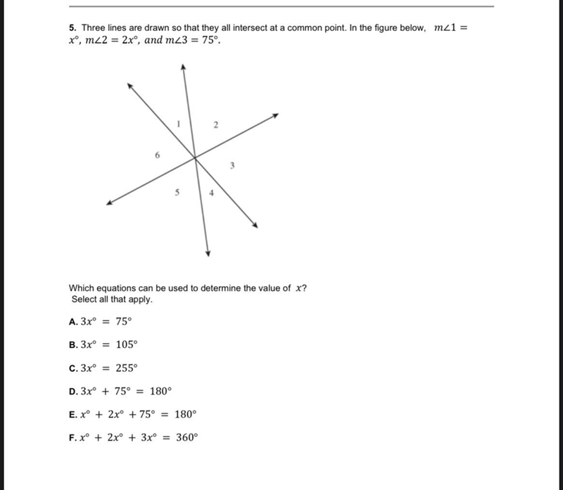 5. Three lines are drawn so that they all intersect at a common point. In the figure-example-1