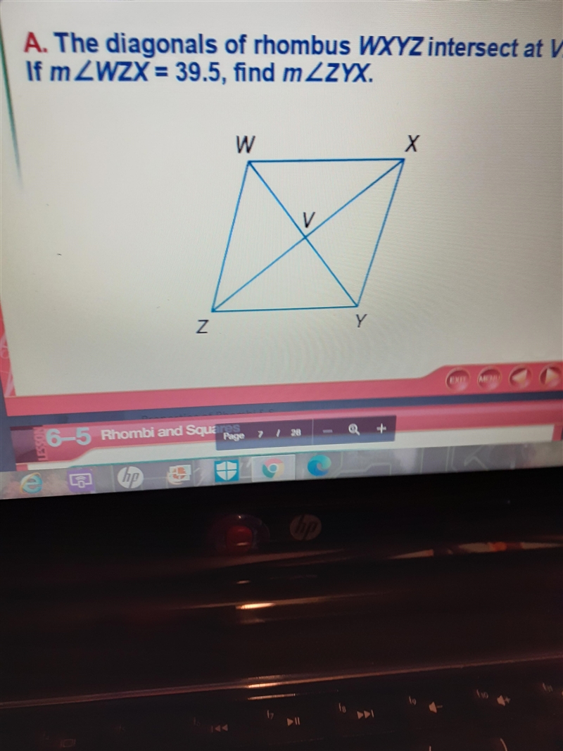 The diagonals of rhombus WXYZ intersect avfm angle w z x equals 39.5 find M angle-example-1