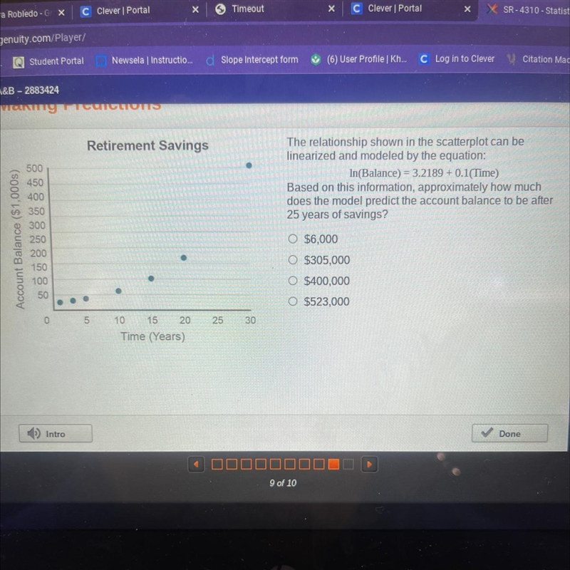 The relationship shown in the scatterplot can be linearized and modeled by the equation-example-1