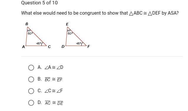 What else would need to be congruent to show that triangle ABC is congruent to triangle-example-1