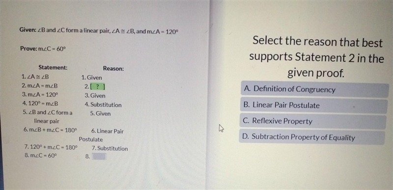 Select the reason that best supports statement both 2 and 8 in the given proof.​-example-1