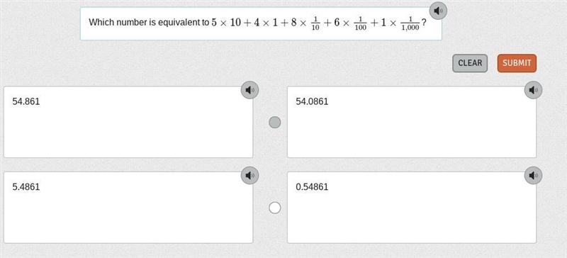 Which number is equivalent to 5×10+4×1+8×110+6×1100+1×11,000?-example-1