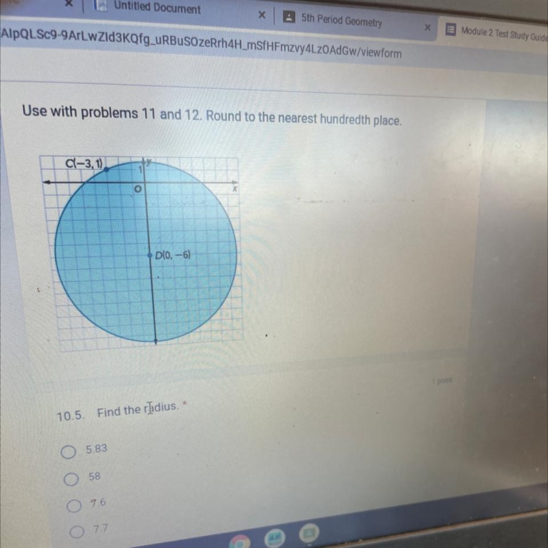 Use with problems 11 and 12. Round to the nearest hundredth place. C-3,1) D(0, -6)-example-1