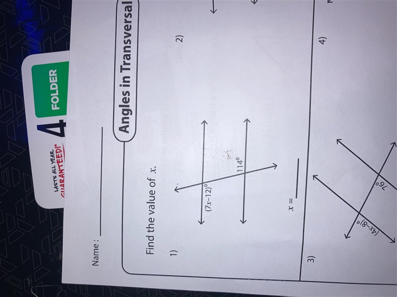 Find the value of x (7x - 12) 114-example-1