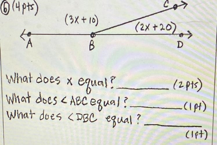 014pts) con (3x+10) (2x +20) CA B What does x equal? What does < ABC equal? What-example-1