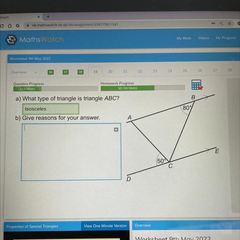 A) What type of triangle is triangle ABC? Isosceles b) Give reasons for your answer-example-1