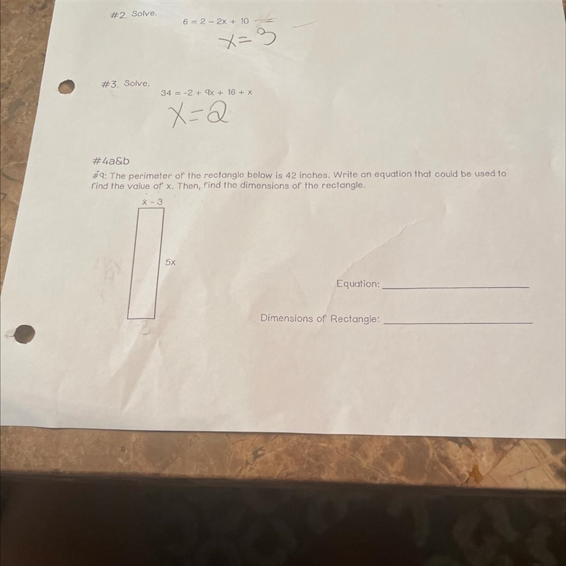 X=2 #4a&b The perimeter of the rectangle below is 42 inches. Write an equation-example-1