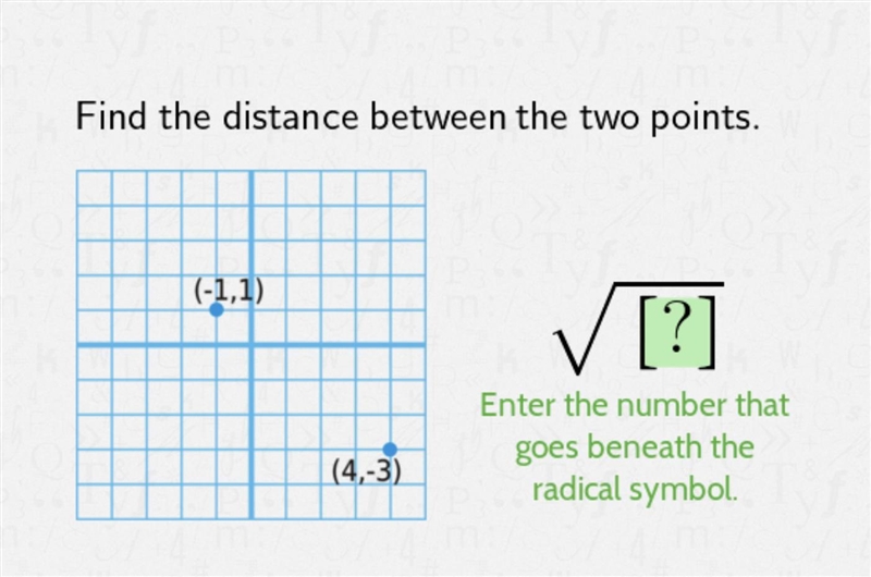 Find the distance between the two points. (-1,1) (4,-3) ✓ [?] Enter the number that-example-1