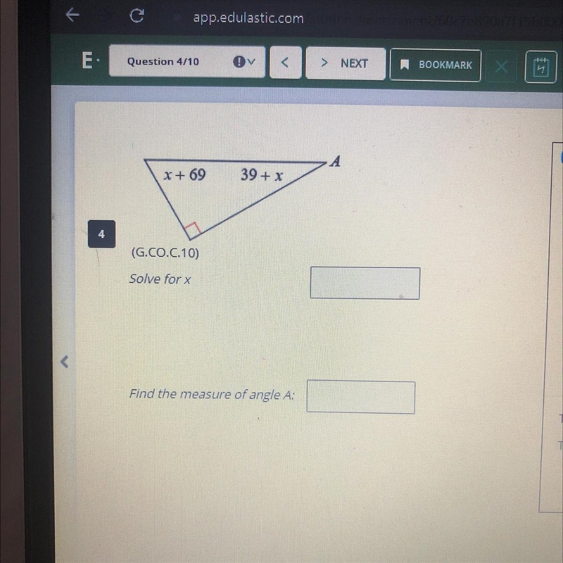 AX + 6939 + x4(G.CO.C.10)Solve for xFind the measure of angle A:-example-1