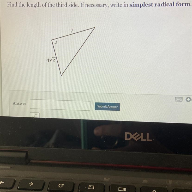 Pythagorean Theorem (Radical Answers) May 12, 8:47:08 AM Find the length of the third-example-1