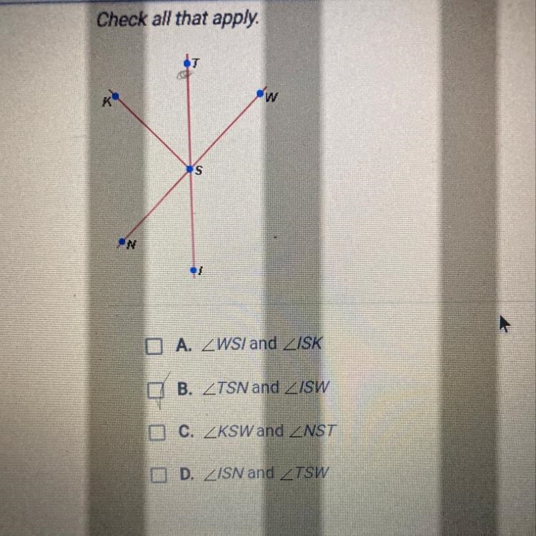 Which pairs of angles in the figure below are vertical angles? Check all that apply-example-1