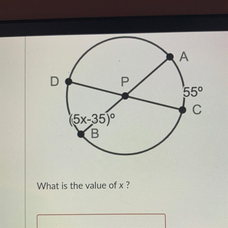 A D P 55° С (5x-35)° B What is the value of x?-example-1