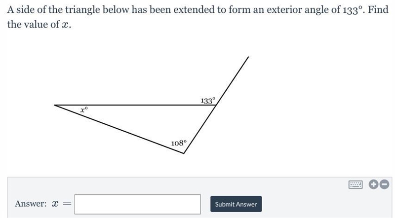 please hurry A side of the triangle below has been extended to form an exterior angle-example-1